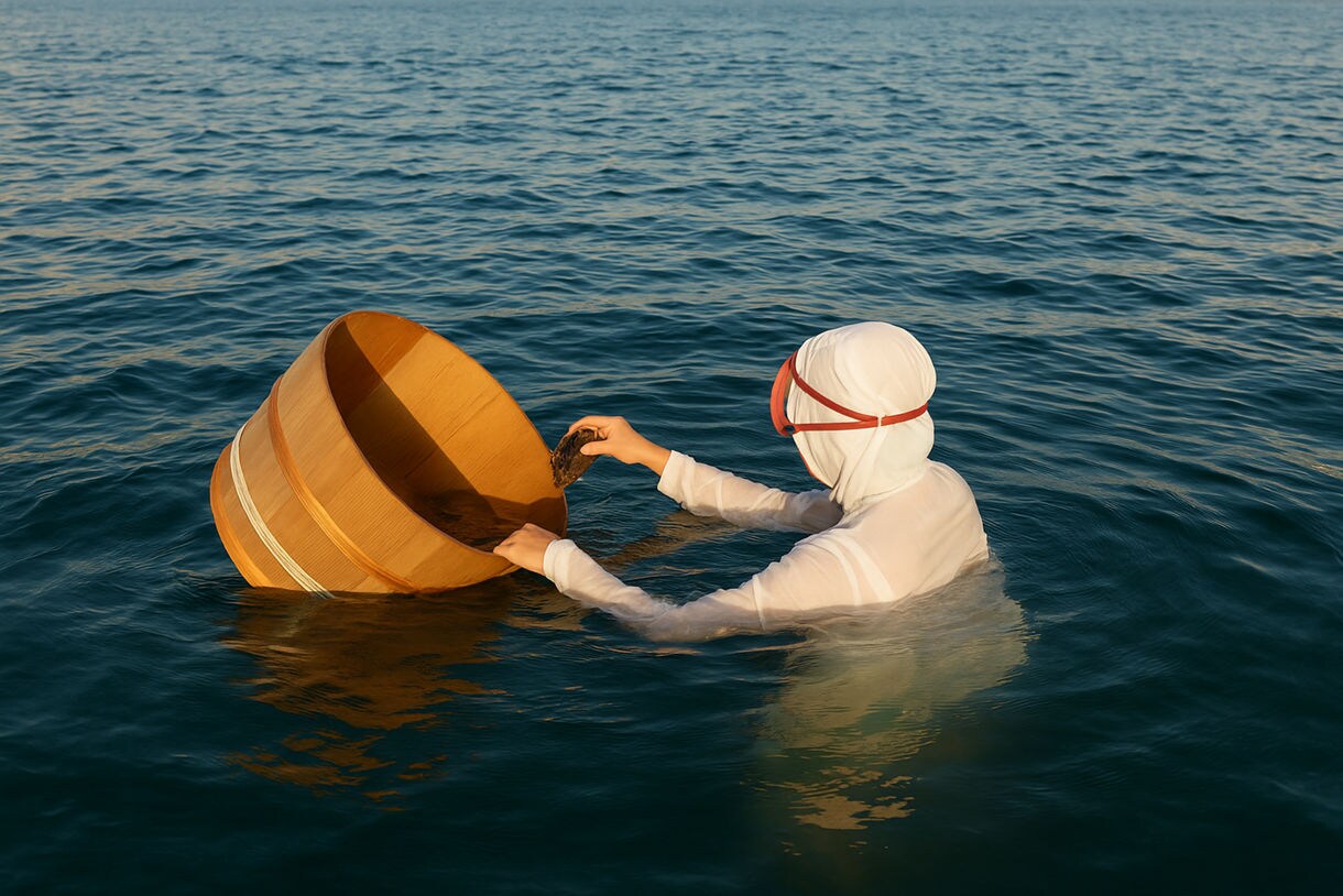 Ama diver near Mikimoto Pearl Island placing an oyster into a wooden bucket, floating in clear blue water with rocky shoreline in the distance.