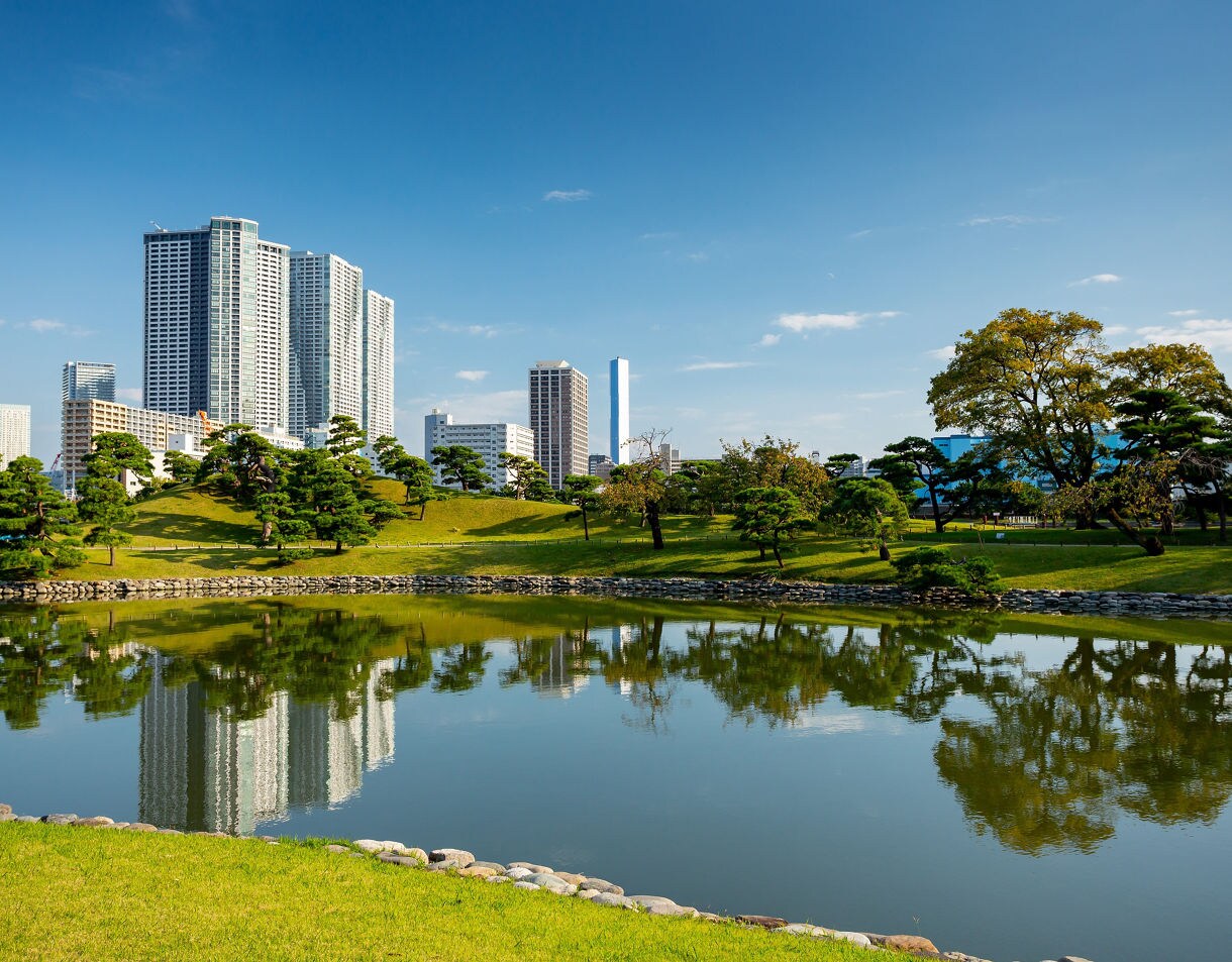 A quiet garden with trimmed trees, open lawns, and a reflective pond, with tall modern skyscrapers rising in the background under a bright blue sky.
