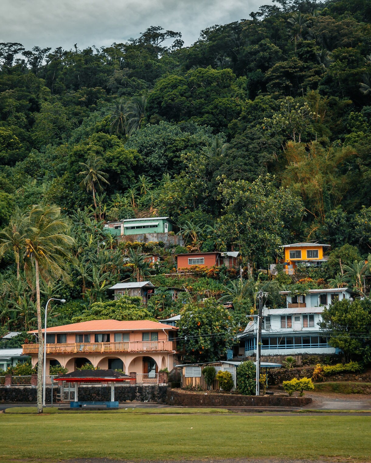 Cluster of brightly painted houses built along a lush, green hillside with dense tropical vegetation and palm trees.