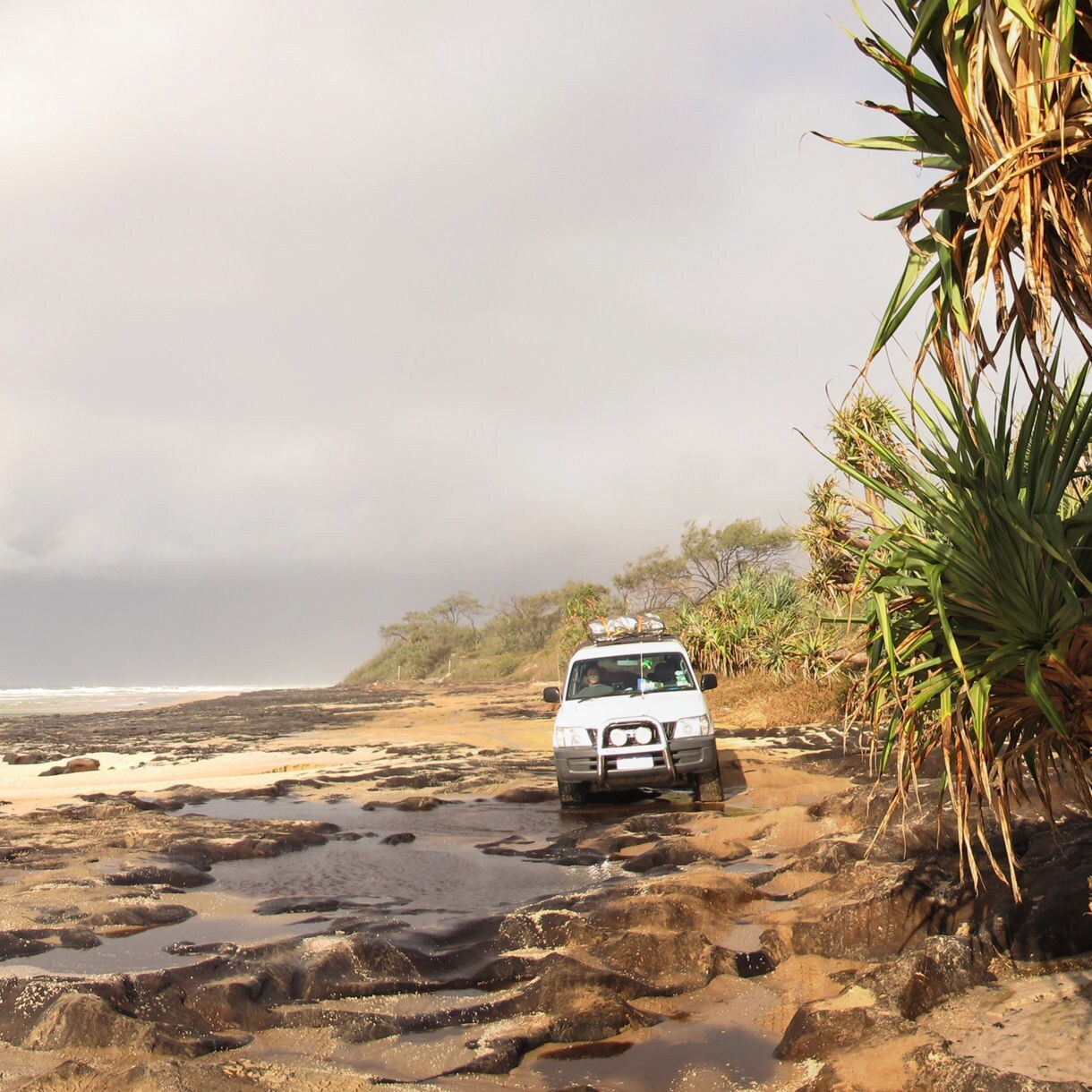 A Jeep driving along a rugged beach path surrounded by lush vegetation and a vast ocean view in the background.