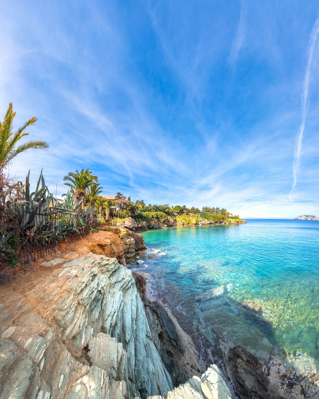 Rocky seaside cliffs overlooking bright turquoise water near Crete, with palms and coastal plants edging the shoreline under a wide blue sky.