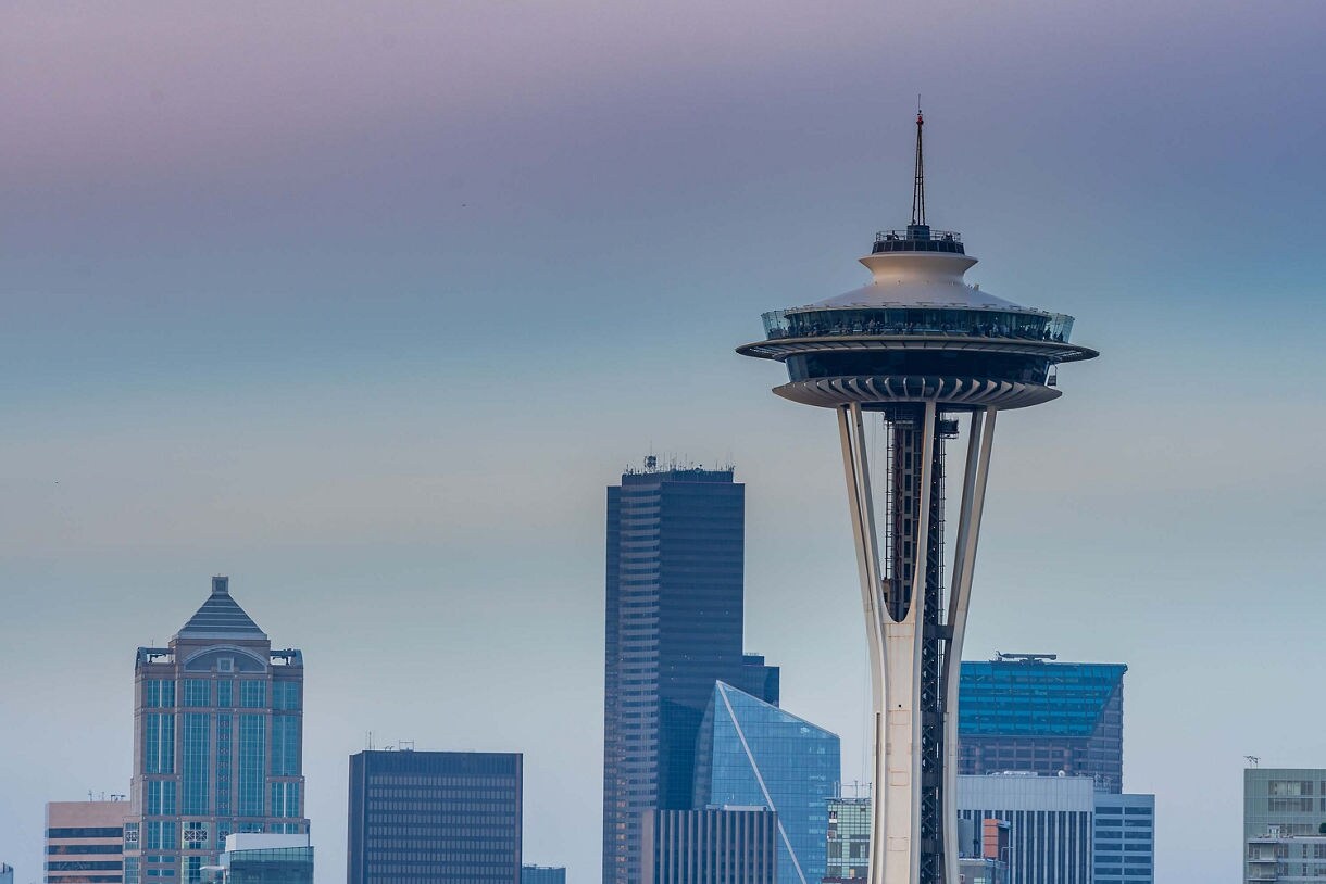 A panoramic view of the Seattle skyline on a clear day, taken from Kerry Park viewpoint.
