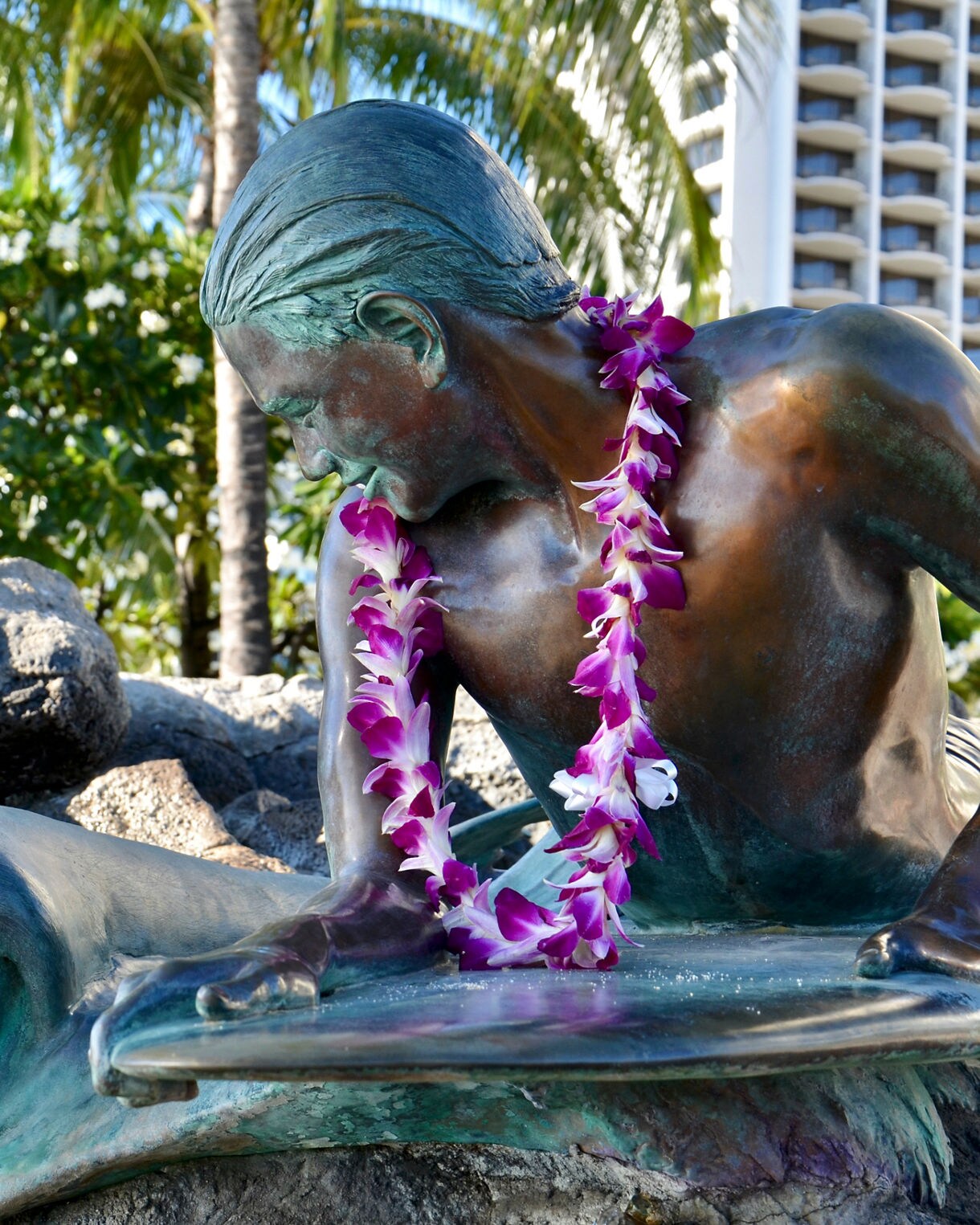 Bronze statue of a surfer with a lei around his neck leaning toward a Hawaiian monk seal at Waikiki, surrounded by palm trees.