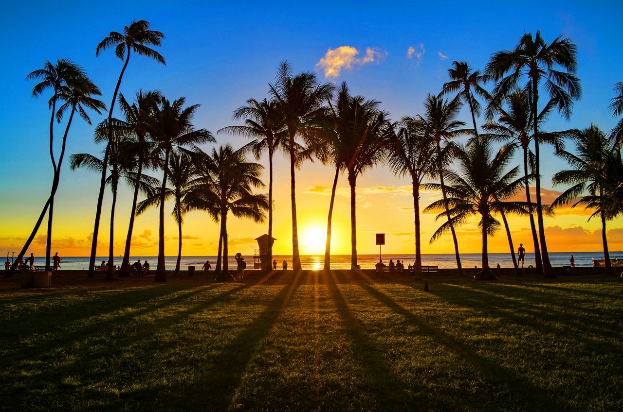 Silhouetted palm trees line Waikiki Beach during a vibrant sunset, with people relaxing along the shoreline under a glowing orange and blue sky.
