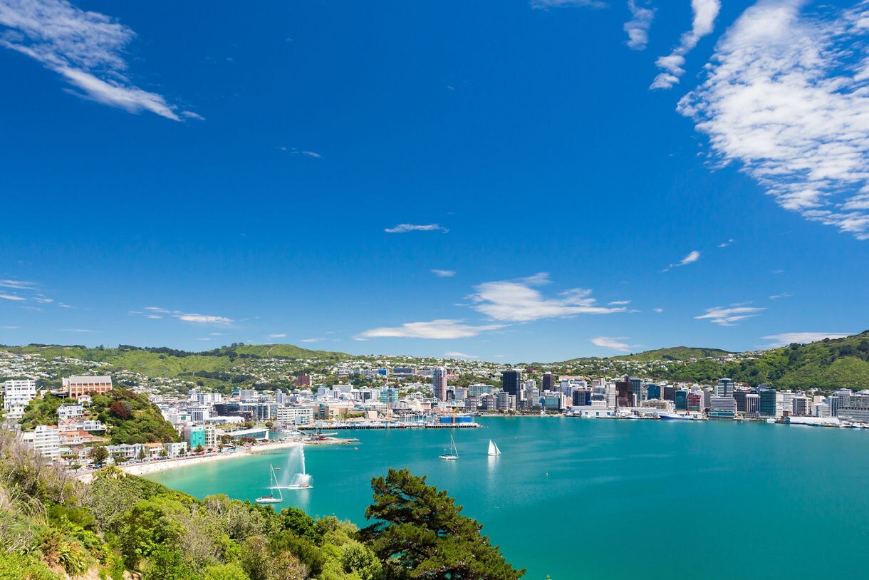 Panoramic view of Wellington, New Zealand, showing the city skyline, sailboats on turquoise harbor waters and surrounding green hills under a clear sky.