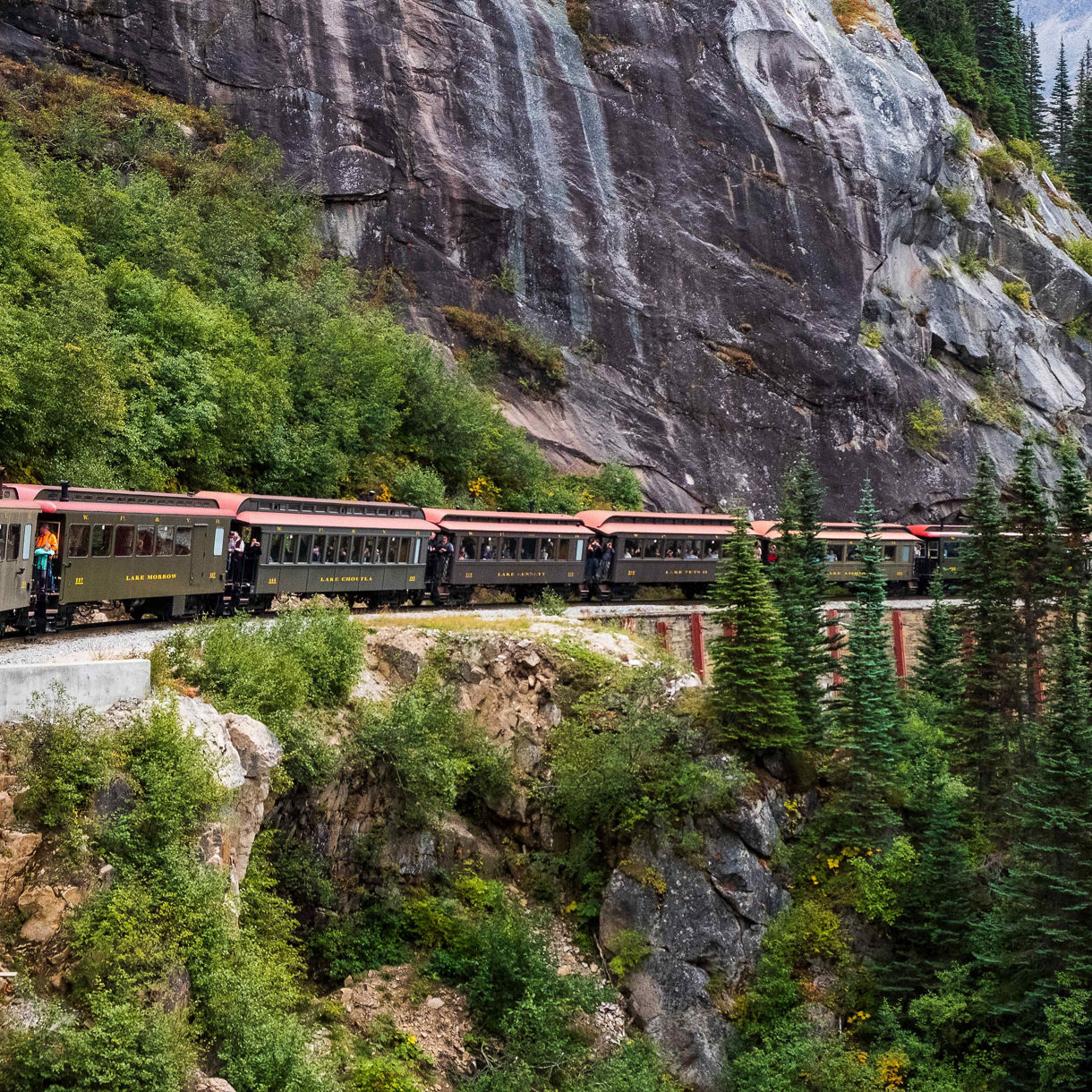 Vintage train traveling along a steep mountain pass with pine trees, rocky cliffs and distant alpine scenery.