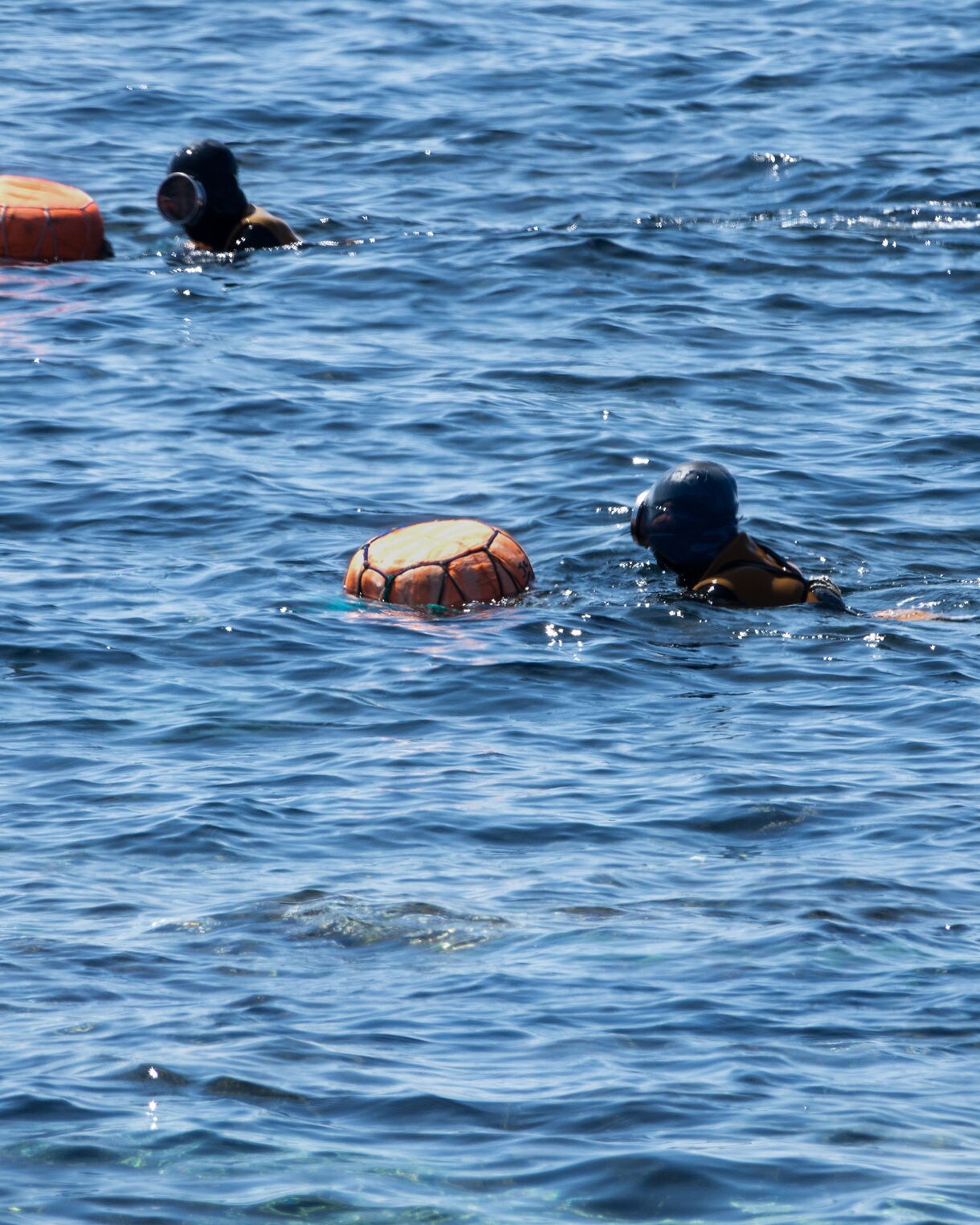 Two haenyeo divers wearing wetsuits and masks float in the blue waters off Jeju Island, South Korea, beside orange flotation buoys.